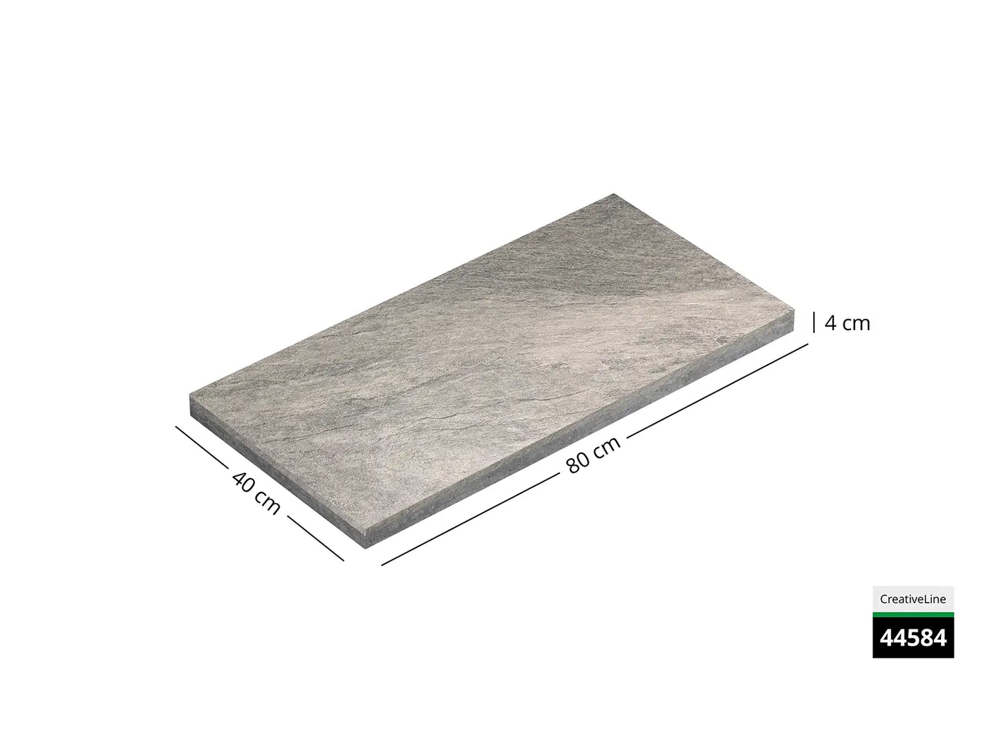 Saubere Schnittkante der 40x80 Terrassenplatte in beige grauer Naturstein-Optik von Woehe & Heydemann mit designbeschichtet, strukturierter Oberfläche