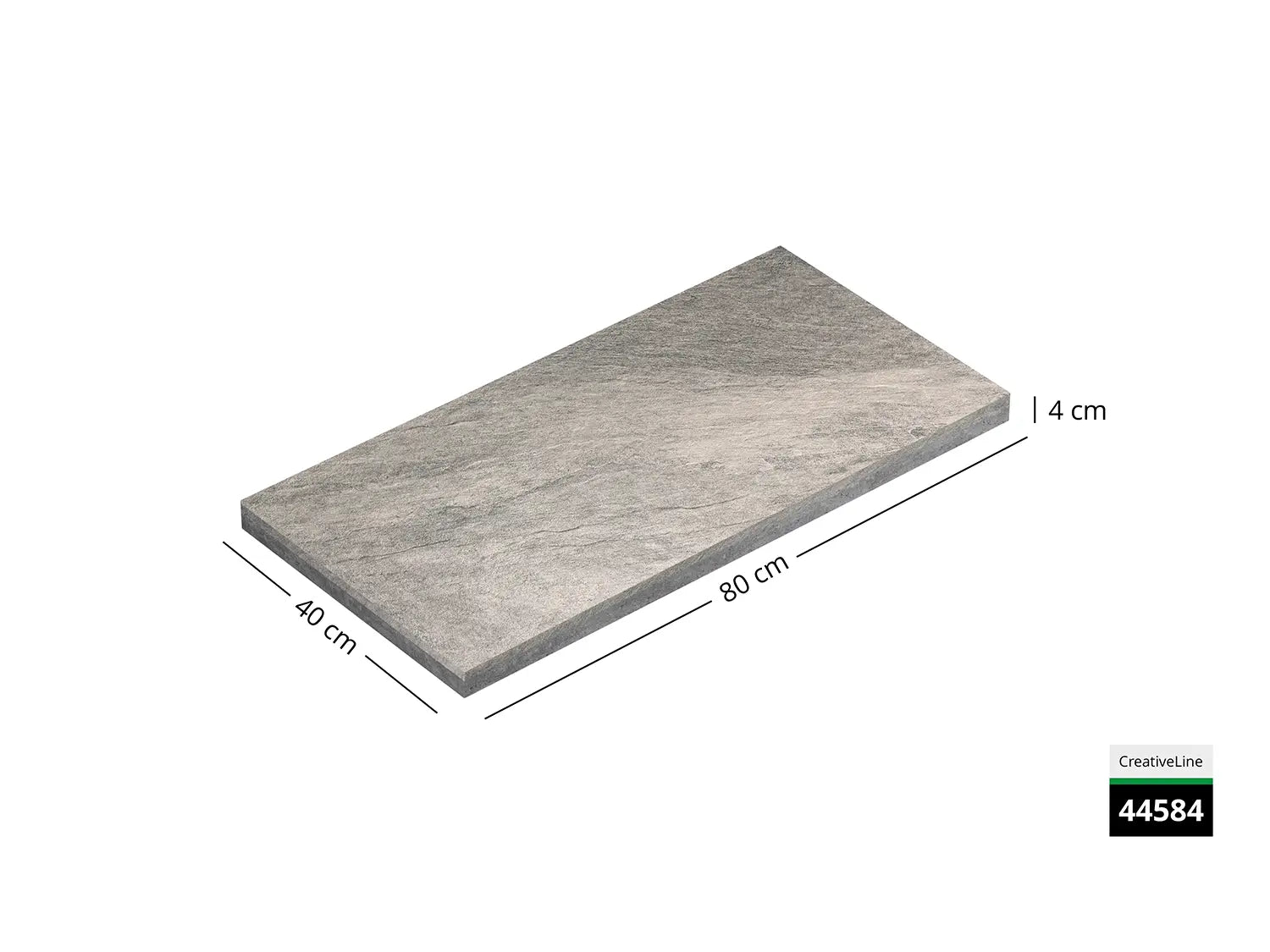 Saubere Schnittkante der 40x80 Terrassenplatte in beige grauer Naturstein-Optik von Woehe & Heydemann mit designbeschichtet, strukturierter Oberfläche