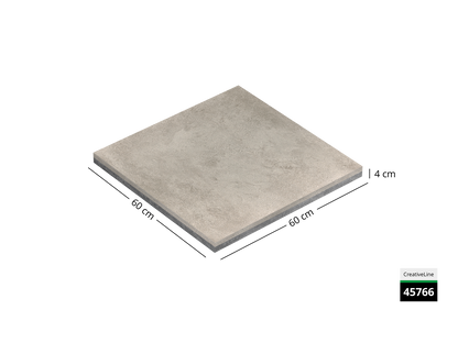 Saubere Schnittkante der 60x60 Terrassenplatte in beiger Beton-Optik von Woehe & Heydemann mit designbeschichteter Oberfläche