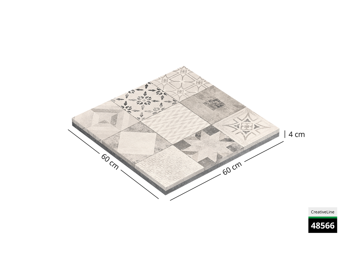 Saubere Schnittkante der 60x60 Terrassenplatte in grauer Mosaik-Optik von Woehe & Heydemann mit designbeschichteter Oberfläche