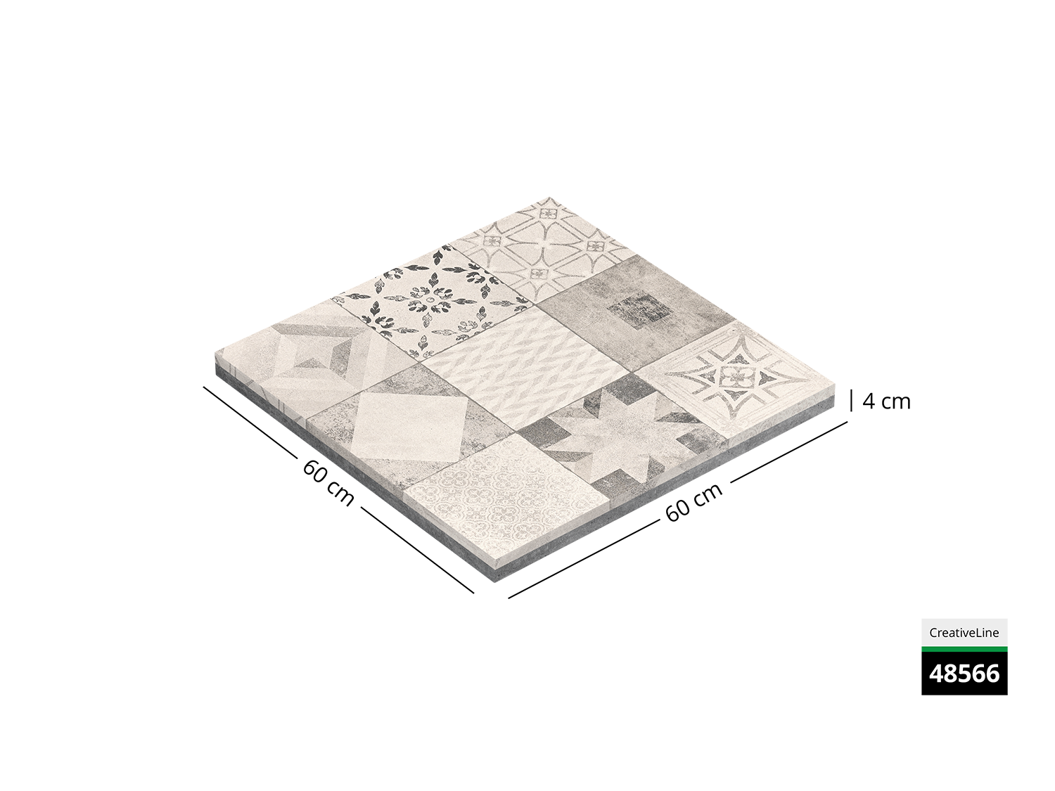 Saubere Schnittkante der 60x60 Terrassenplatte in grauer Mosaik-Optik von Woehe & Heydemann mit designbeschichteter Oberfläche