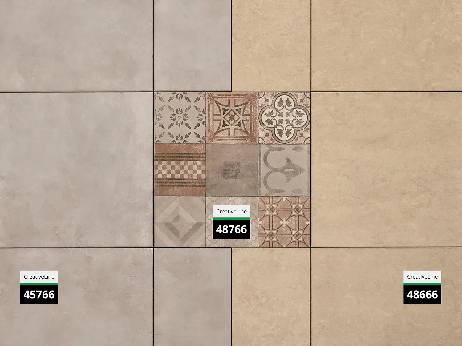 CreativeLine-Terrassenplatte in beige grauer Mosaik-Optik von Woehe & Heydemann mit farblich passenden Platten in grau und beige