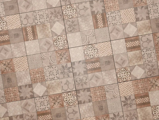 Verlegte CreativeLine-Platten in rot von Woehe & Heydemann in 60x60. Mosaik-Optik mit harmonischer Linienführung.