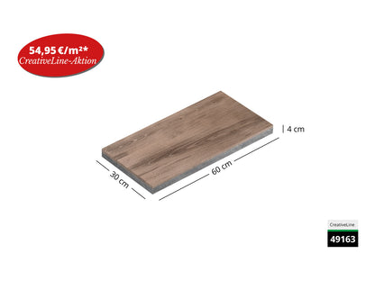 Saubere Schnittkante der 60x30 Terrassenplatte in Holzoptik von Woehe & Heydemann mit Holz-Oberfläche zum Aktionspreis