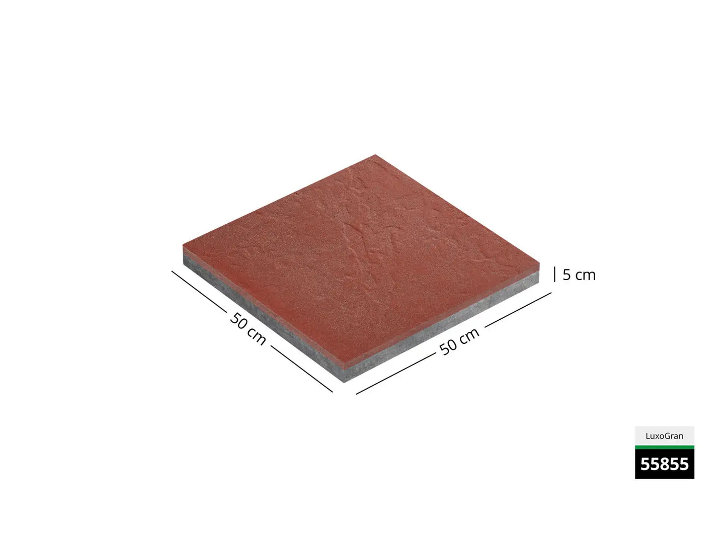 Saubere Schnittkante der 50x50 Terrassenplatte in roter Natursteinoptik von Woehe & Heydemann mit Struktur