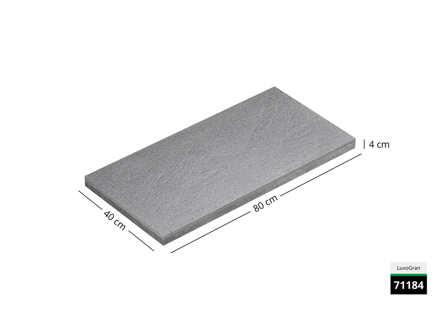 Saubere Schnittkante der 80x40 Terrassenplatte in grauer Natursteinoptik von Woehe & Heydemann mit feinkörniger Oberfläche  
