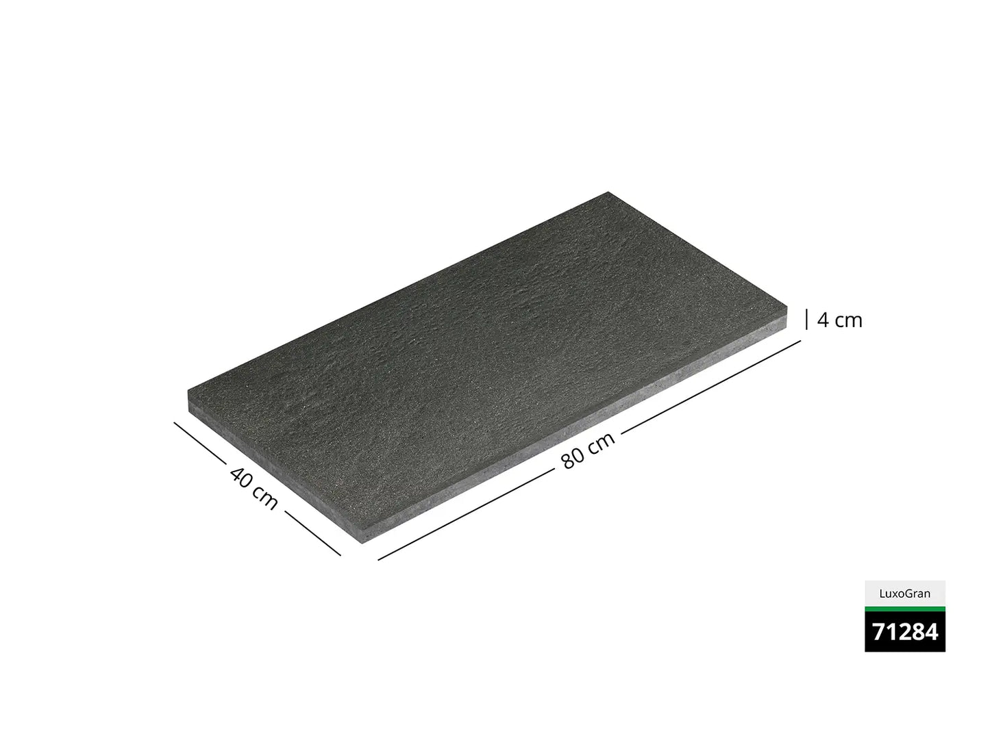 Saubere Schnittkante der 80x40 Terrassenplatte in schwarzer Natursteinoptik von Woehe & Heydemann mit feinkörniger Oberfläche   zum Aktionspreis