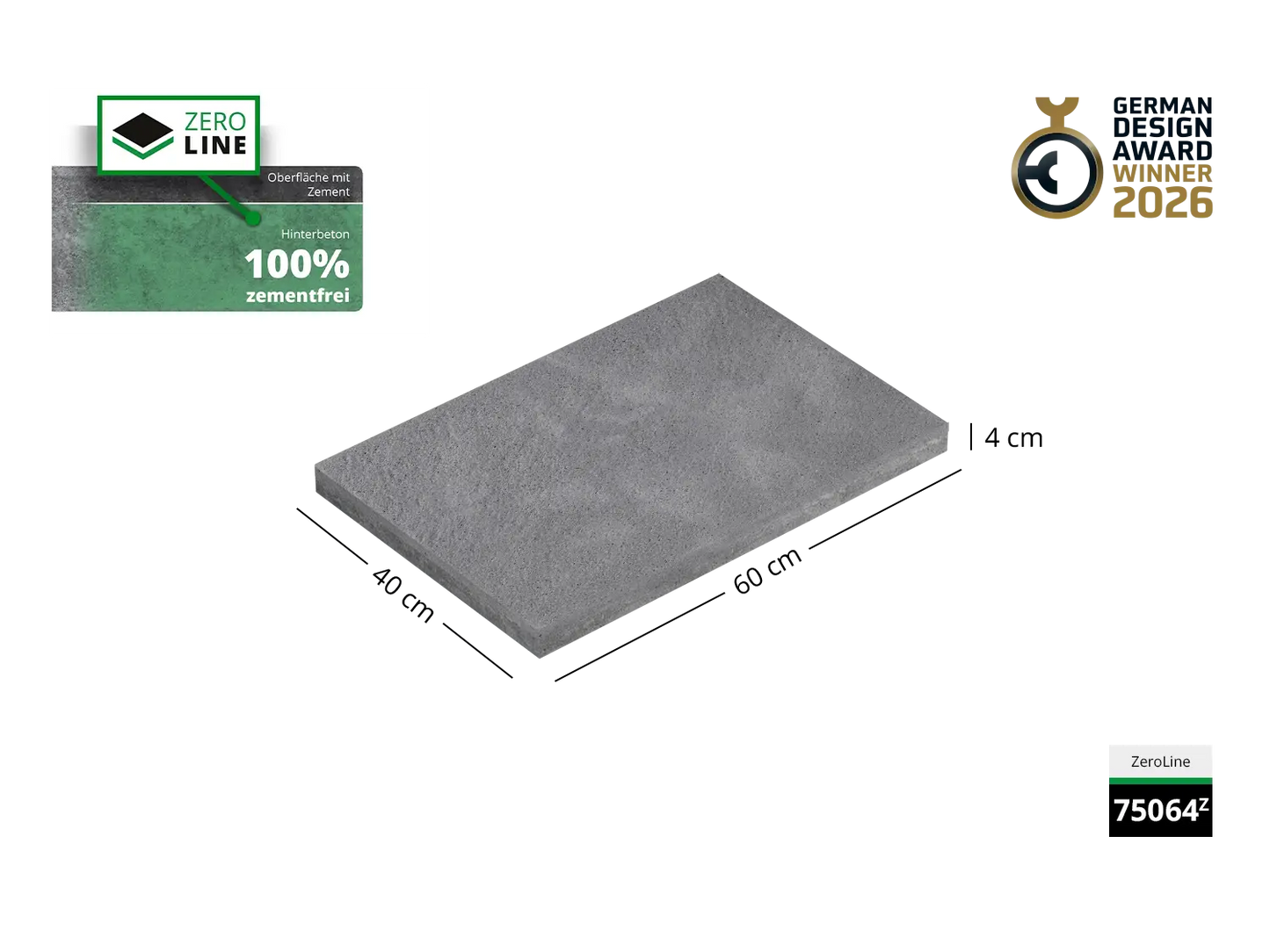 Saubere Schnittkante der 60x40 ZeroLione-Terrassenplatte in grauer Natursteinoptik von Woehe & Heydemann mit nachhaltiger feiner Oberfläche GDA Winner