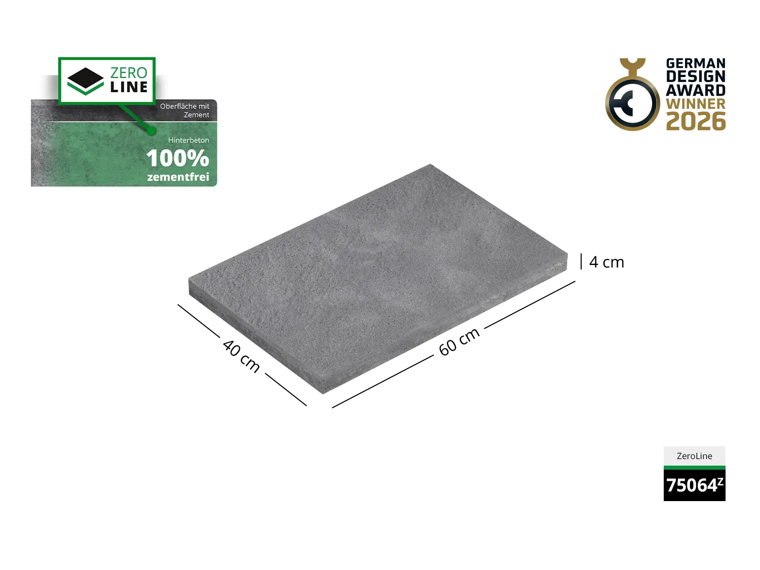 Saubere Schnittkante der 60x40 ZeroLione-Terrassenplatte in grauer Natursteinoptik von Woehe & Heydemann mit nachhaltiger feiner Oberfläche GDA Winner