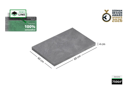 Saubere Schnittkante der 60x40 ZeroLione-Terrassenplatte in grauer Natursteinoptik von Woehe & Heydemann mit nachhaltiger feiner Oberfläche GDA Winner