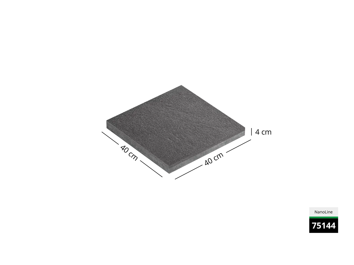 Saubere Schnittkante der 40x40 Terrassenplatte in grauer Natursteinoptik von Woehe & Heydemann mit feinkörniger Oberfläche  