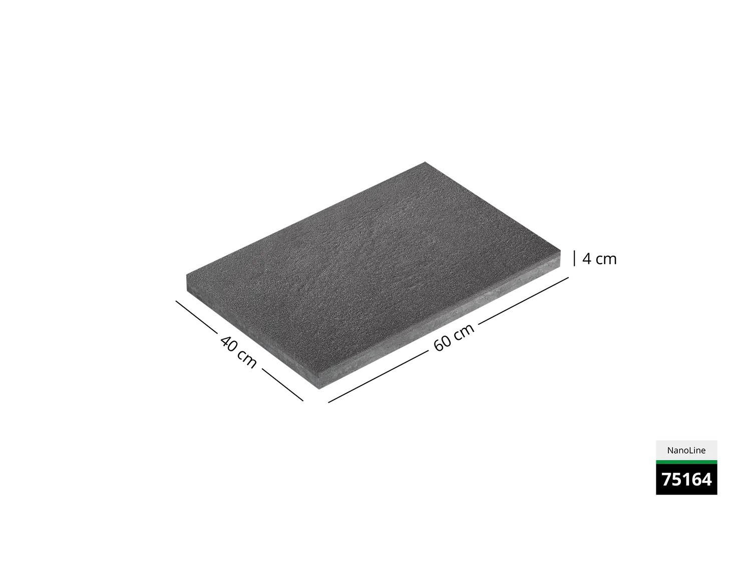 Saubere Schnittkante der 60x40 Terrassenplatte in grauer Natursteinoptik von Woehe & Heydemann mit feinkörniger Oberfläche  