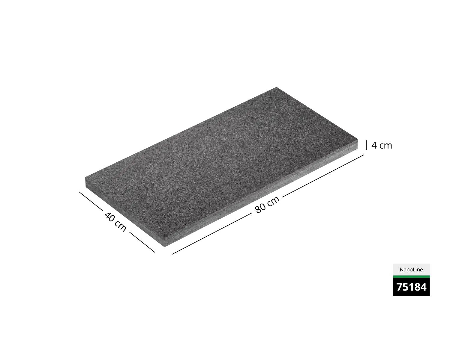 Saubere Schnittkante der 80x40 Terrassenplatte in grauer Natursteinoptik von Woehe & Heydemann mit feinkörniger Oberfläche  