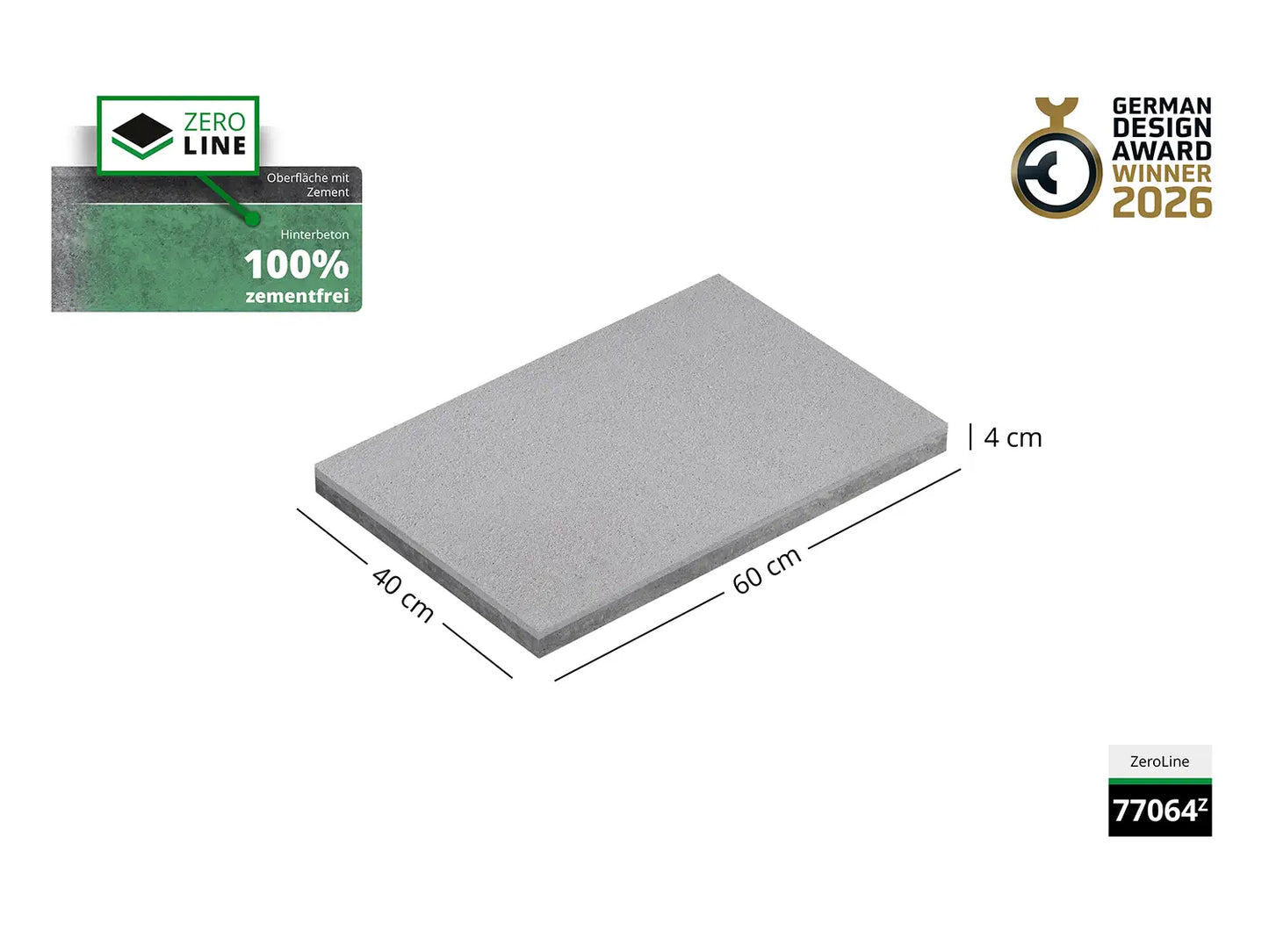Saubere Schnittkante der 60x40 ZeroLine-Terrassenplatte in grauer Natursteinoptik von Woehe & Heydemann mit feinkörniger Oberfläche   GDA Winner