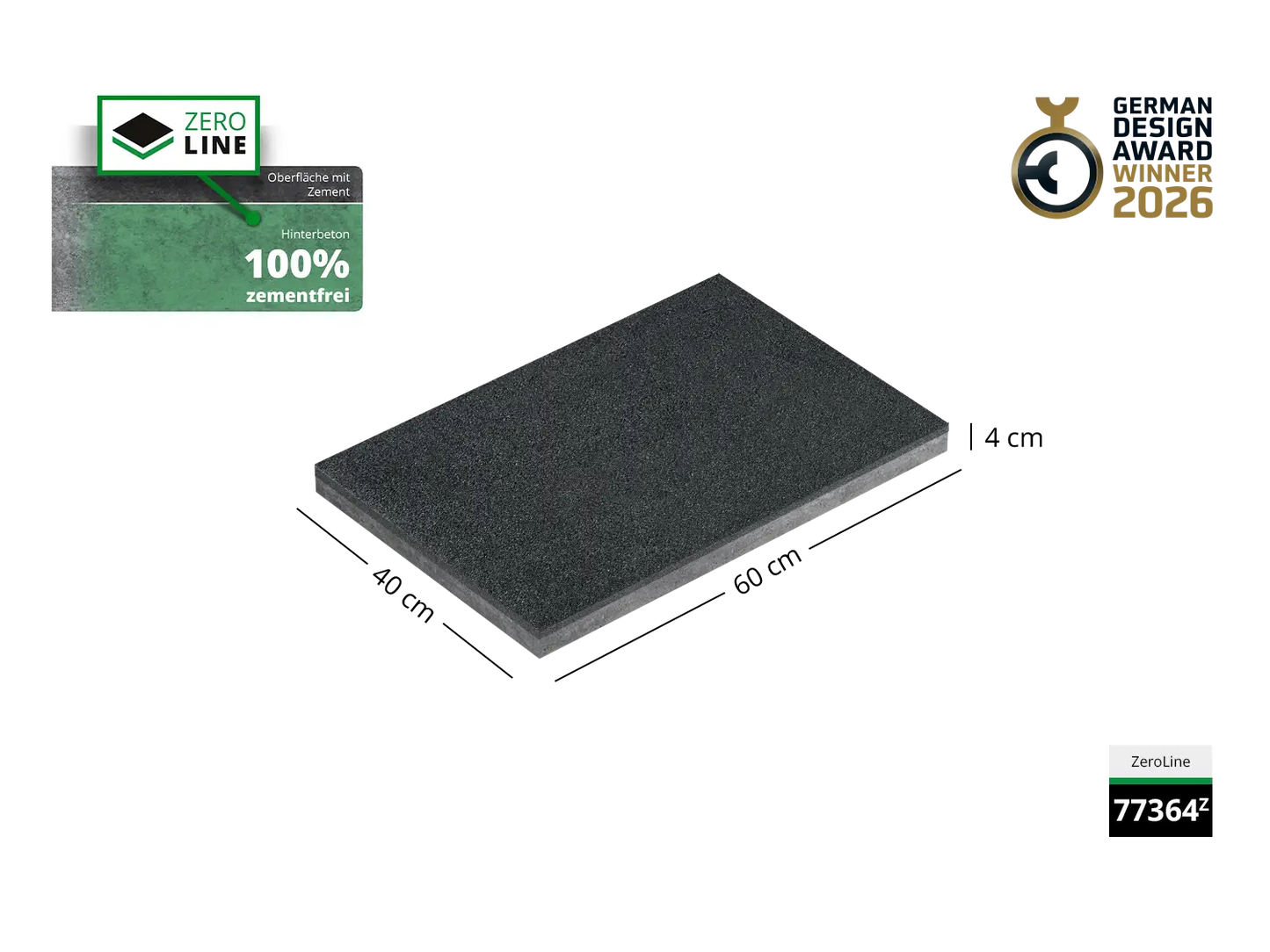 Saubere Schnittkante der 60x40 Terrassenplatte in grauer Natursteinoptik von Woehe & Heydemann mit feinkörniger Oberfläche   GDA Winner