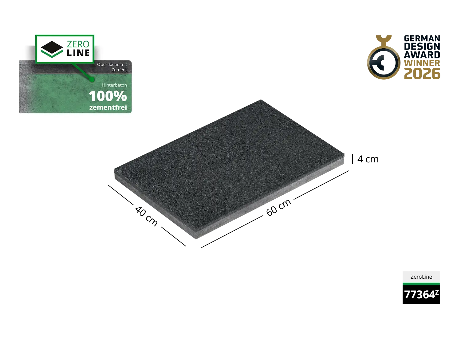 Saubere Schnittkante der 60x40 Terrassenplatte in grauer Natursteinoptik von Woehe & Heydemann mit feinkörniger Oberfläche   GDA Winner
