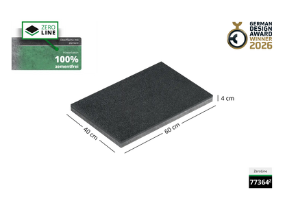 Saubere Schnittkante der 60x40 Terrassenplatte in grauer Natursteinoptik von Woehe & Heydemann mit feinkörniger Oberfläche   GDA Winner