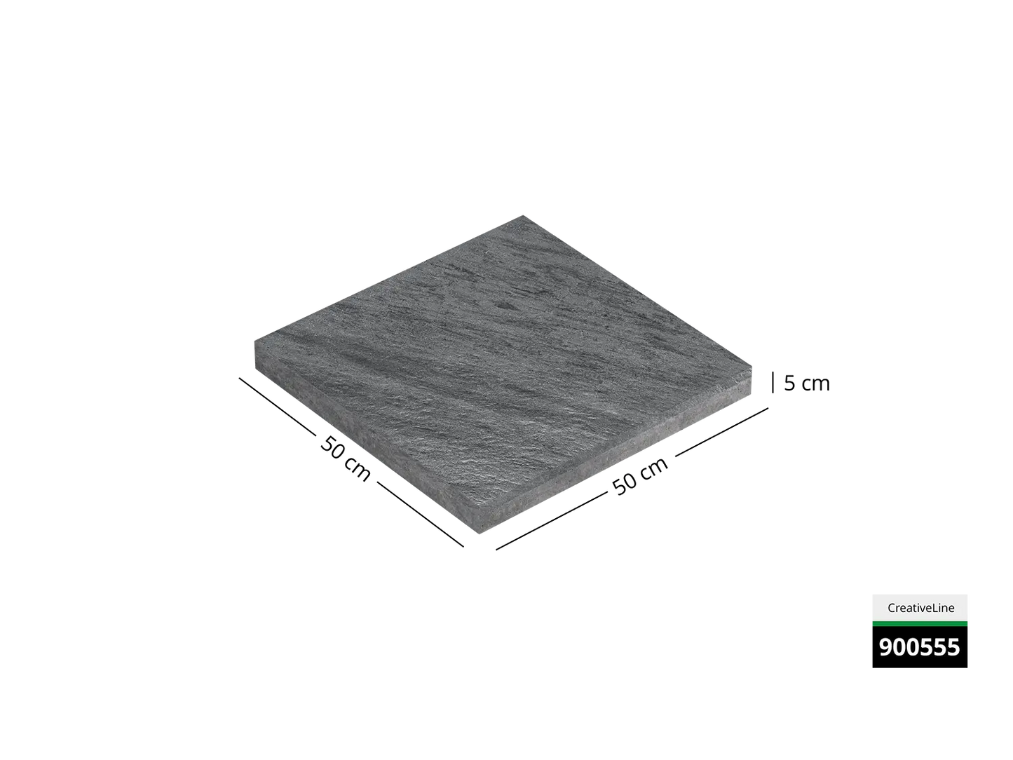 Saubere Schnittkante der 50x50 Terrassenplatte in grauer Natursteinoptik von Woehe & Heydemann mit strukturierter Oberfläche  