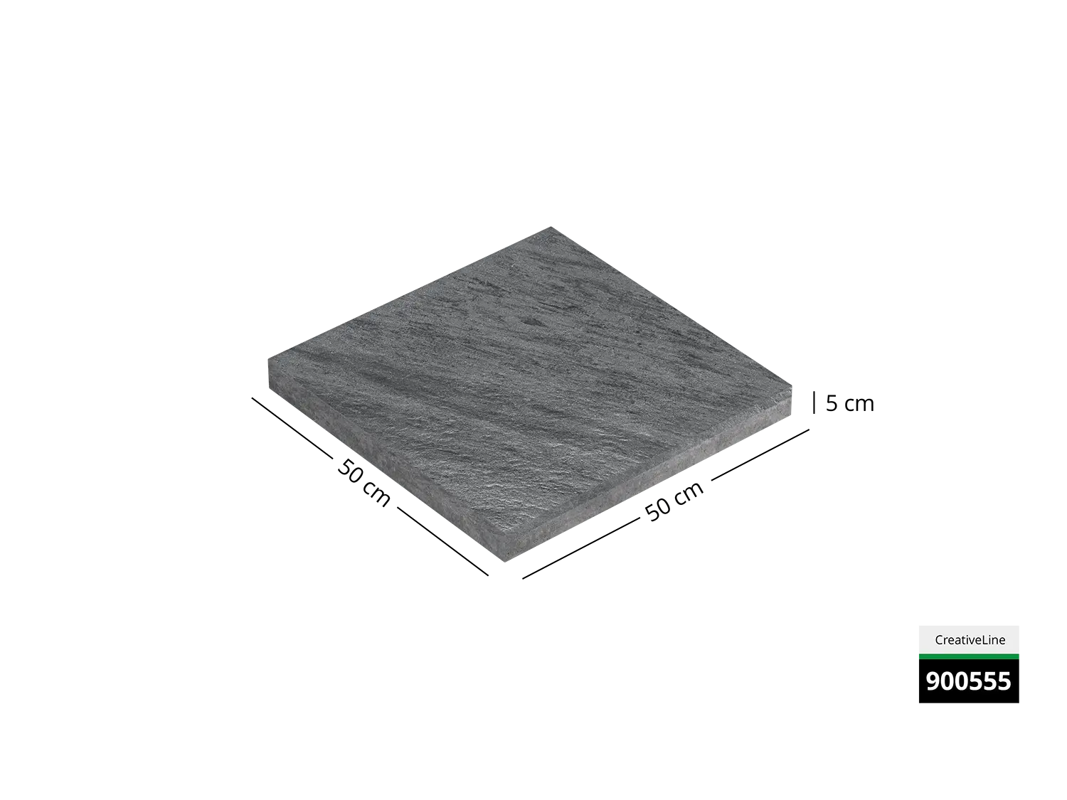 Saubere Schnittkante der 50x50 Terrassenplatte in grauer Natursteinoptik von Woehe & Heydemann mit strukturierter Oberfläche  