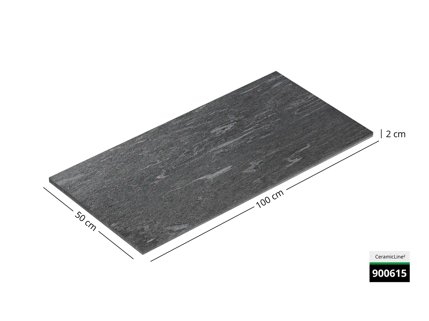 Saubere Schnittkante der 100x50 Terrassenplatte in grauer Natursteinoptik von Woehe & Heydemann mit feinkörniger Oberfläche 