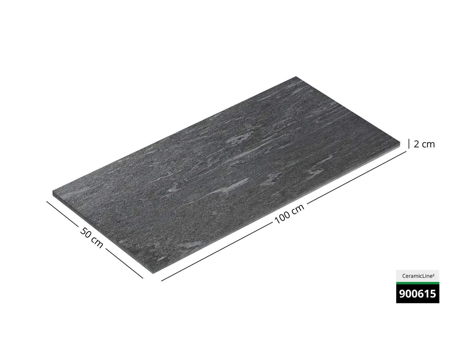 Saubere Schnittkante der 100x50 Terrassenplatte in grauer Natursteinoptik von Woehe & Heydemann mit feinkörniger Oberfläche 