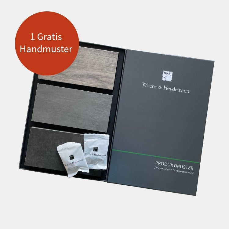 Handmusterbox von Woehe & Heydemann mit 3 Handmuster und dem Hinweis, dass es die Möglichkeit gibt 1 Handmuster gratis zu bekommen.