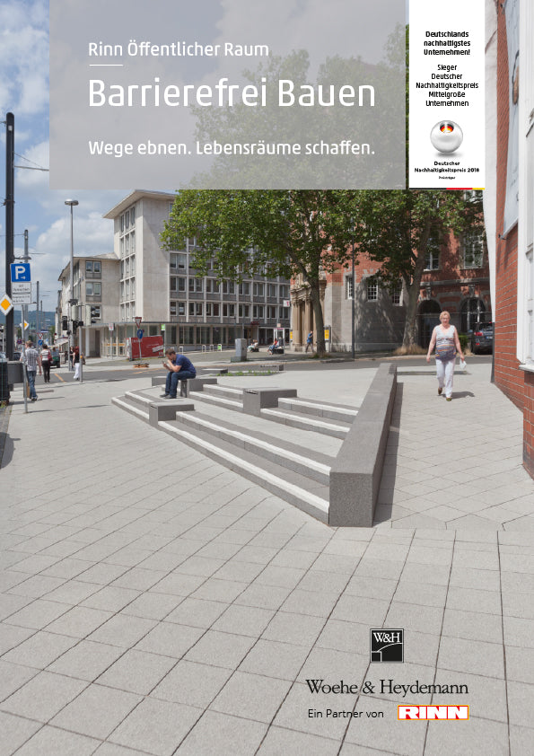 Deckblatt zu dem PDF über barrierefreies Bauen für den öffentlichen Raum von Woehe & Heydemann und Rinn.