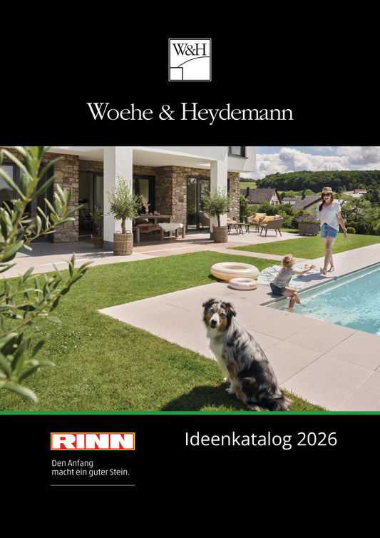Deckblatt von dem Woehe & Heydemann für RINN Terrassenplatten Steine Ideenkatalog 2026