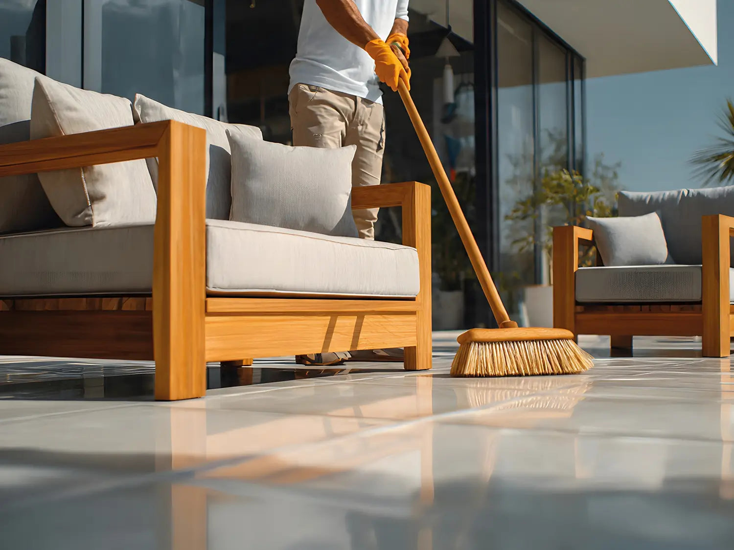 Woehe & Heydemann Terrassenplatten der Serie LuxoGran aus Beton werden mit Besen gereinigt